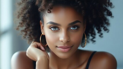 Beautiful young african american woman face Portrait. Girl with Perfect Fresh Dark Clean Skin. touch skin looking at camera and smiling. Youth and Skin Care Concept. Spa and resort, blur background