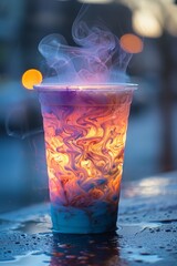 A cup of liquid with smoke coming out from it on a table, AI