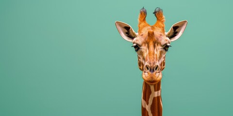 Funny giraffe face close-up on a plain background, banner with a cute animal. Concept: travel and...