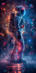 Astronaut standing with colorful bokeh lights