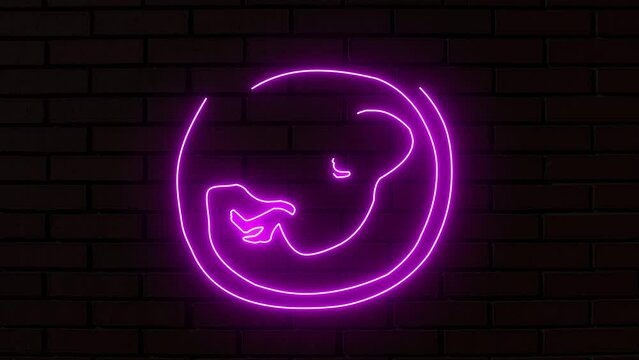 Purple glowing child from the future and a placenta in the uterus. Glowing neon embryo child icon in line style. A human baby in the womb