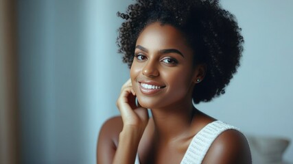 Beautiful young african american woman face Portrait. Girl with Perfect Fresh Dark Clean Skin. touch skin looking at camera and smiling. Youth and Skin Care Concept. Spa and resort, blur background