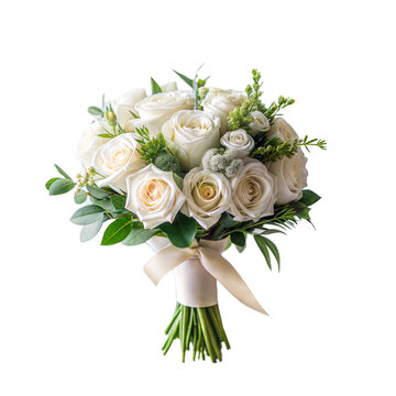 A bridal bouquet featuring white roses, green leaves, and ribbon