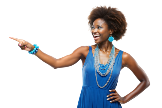 Cheerful woman in stylish attire gesturing with her hand