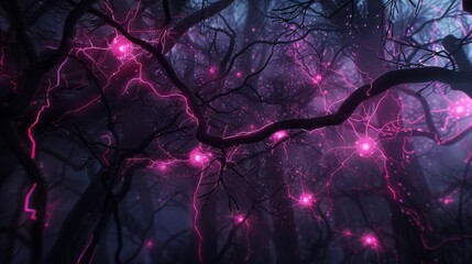 Mystical forest with glowing pink lights and bare trees