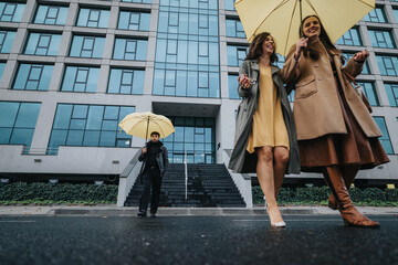 Two women laughing and walking in the city rain with umbrellas, man in background.