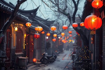 Beijing old Hutong lane full of New Year lanterns