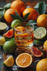 A glass of vermouth surrounded by an arrangement of infused citrus fruits, highlighting the ingredients,