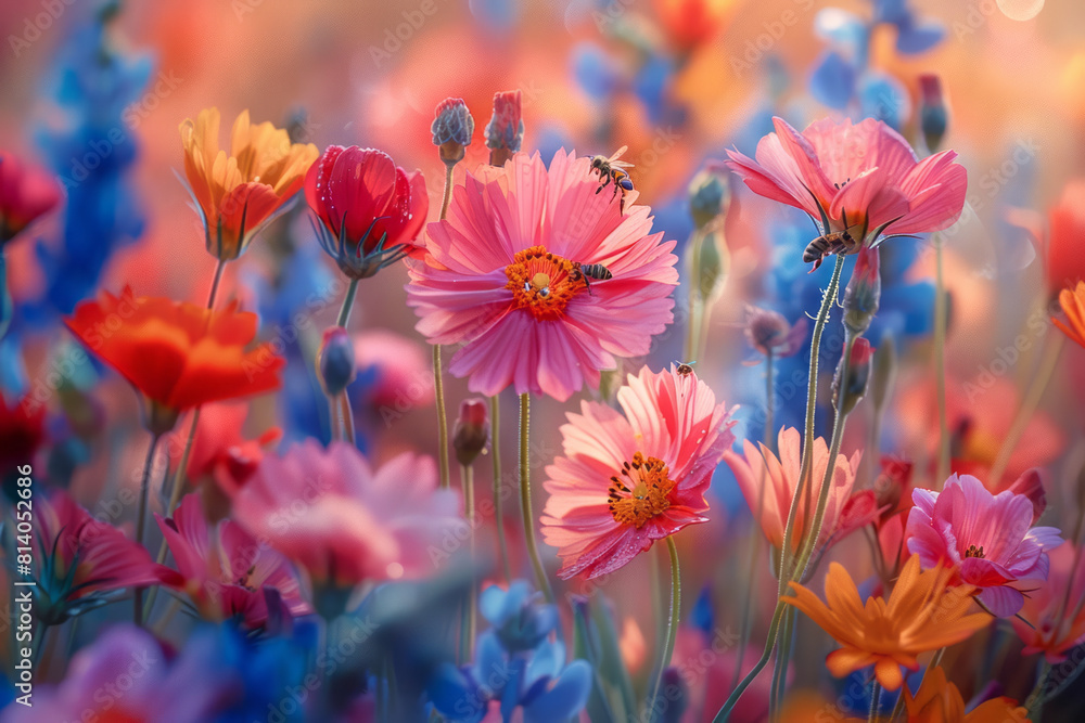 Poster artistic rendering of a flower field with pollinating bees, depicted as a dynamic exchange of color 