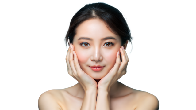 A serene young woman gently holds her face while offering a soft smile