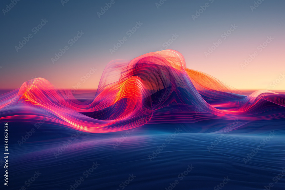 Poster abstract interpretation of a bird's migration path, visualized as streaks of color across a twilight