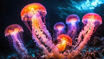 Naklejka premium Glowing jellyfish that swim underwater in their natural habitat in the ocean close to the surface at night