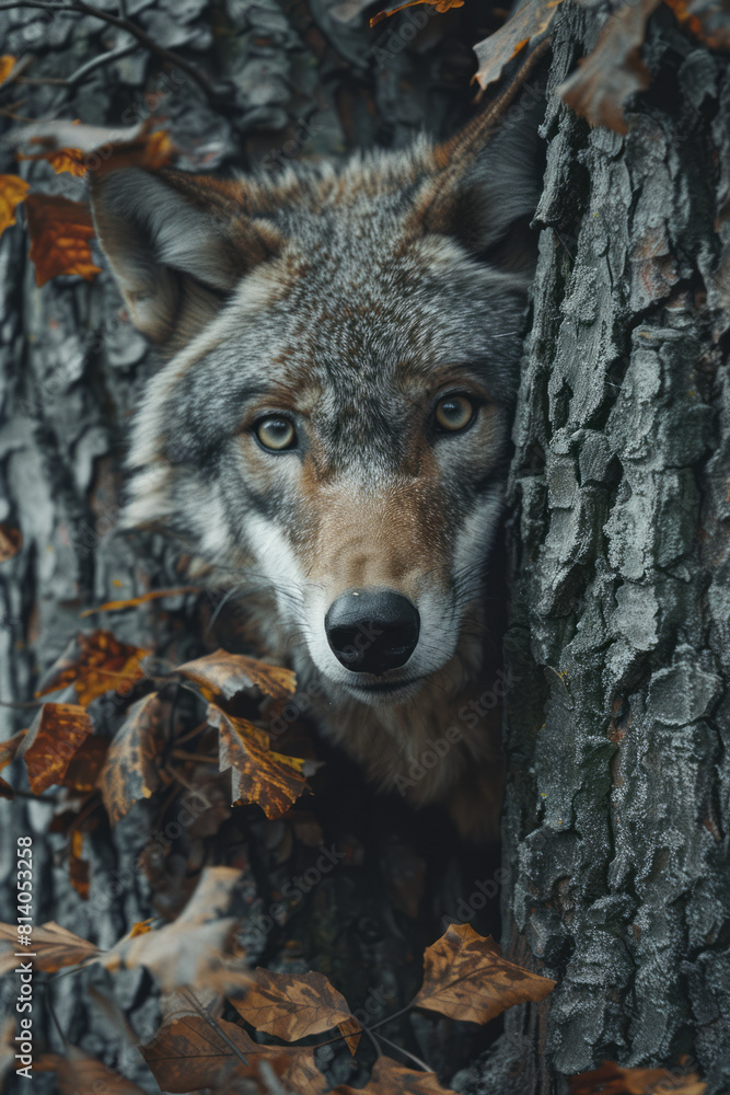 Poster visual transition of a wolf's fur into the bark and leaves of a forest tree, symbolizing unity with 