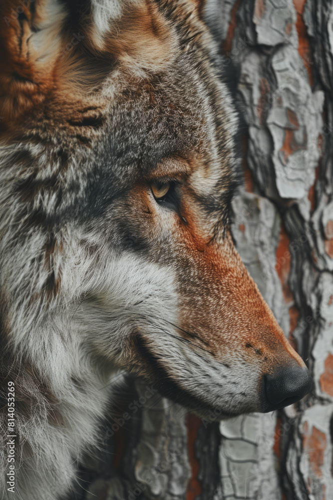Poster visual transition of a wolf's fur into the bark and leaves of a forest tree, symbolizing unity with 