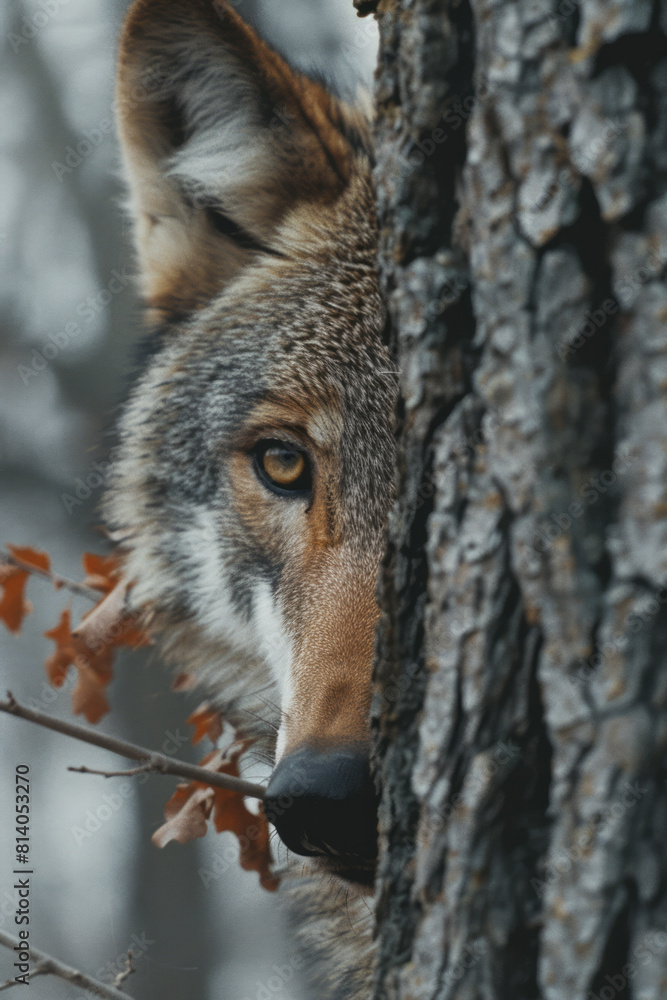 Aufkleber visual transition of a wolf's fur into the bark and leaves of a forest tree, symbolizing unity with 