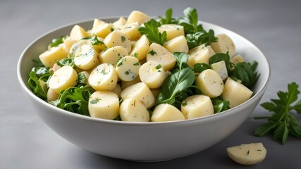 Bowl of tasty Potato Salad with greens on grey background