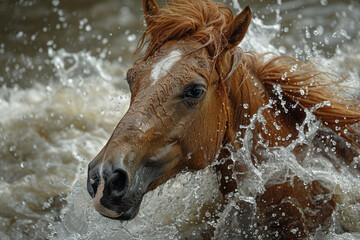 A horse whose mane and tail transform into flowing water, merging with a river landscape,