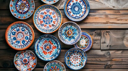 A set of hand-painted ceramic plates with intricate designs, arranged on a wooden table