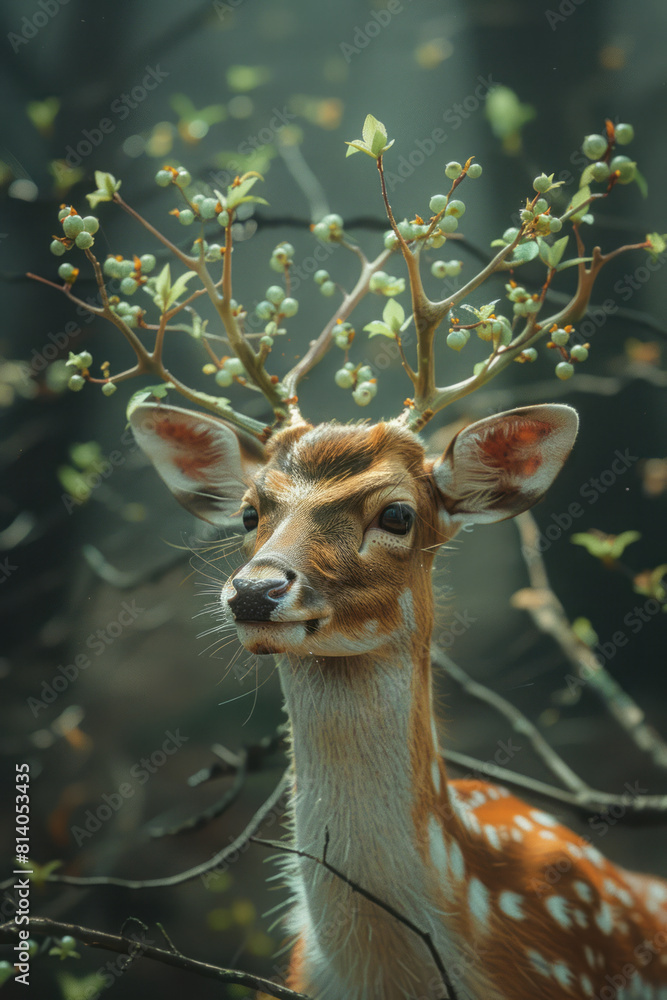 Poster visualization of a deer with antlers that branch into tree limbs, complete with budding leaves,