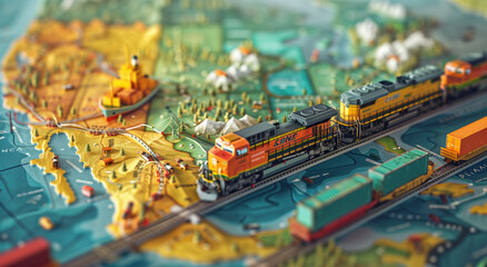 stylized map of the southern US border, with miniature freight trains, ships, and trucks in transit