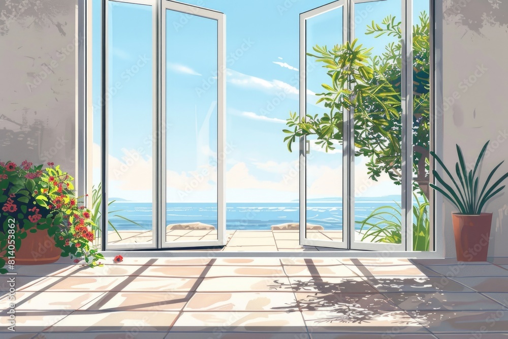 Poster a serene ocean view from an open window. ideal for travel and relaxation concepts