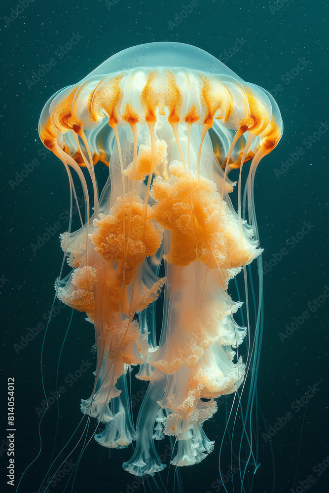 Aufkleber Visualization of a jellyfish with tentacles that turn into strands of seaweed swaying in ocean currents,