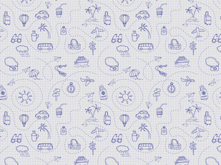 Seamless monochrome pattern on checkered paper. Icon set of elements for summer vacation travel, hand drawn vector doodles in line style. Line contour  in sketch style.