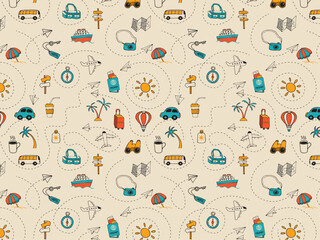 Seamless colorful pattern. Icon set of elements for summer vacation travel, hand drawn vector doodles in flat style.