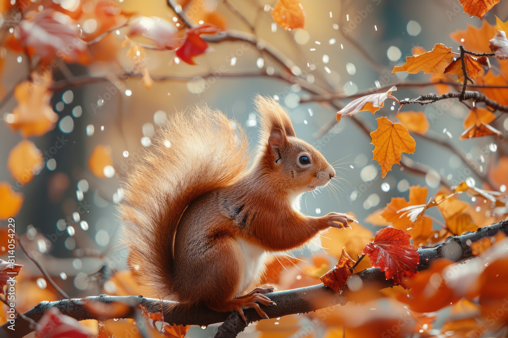 Poster conceptual illustration of a squirrel, its tail branching into autumn leaves falling from tree branc