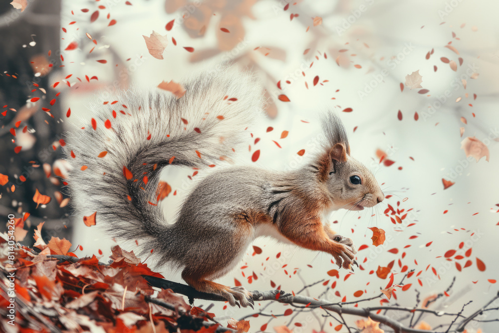 Poster conceptual illustration of a squirrel, its tail branching into autumn leaves falling from tree branc