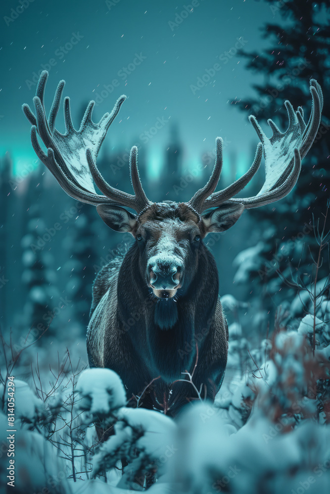Aufkleber visualization of a moose, its antlers branching out into the northern lights, creating a mesmerizing