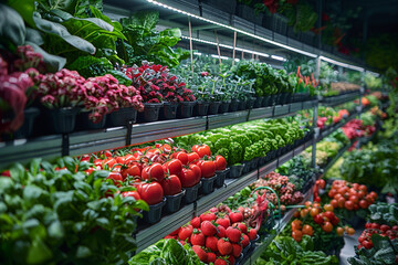 Fototapeta na wymiar An AI-managed vertical farm, where rows of hydroponic towers are bathed in LED light, cultivating a variety of fresh produce in a sustainable and space-efficient manner.