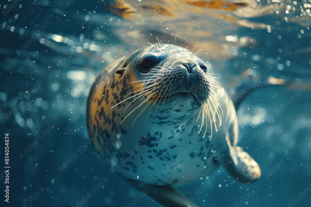Poster aquatic mammal with a sleek, rubbery hide that changes color based on water temperature,