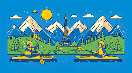 Two people paddle a kayak in a river near the Eiffel Tower