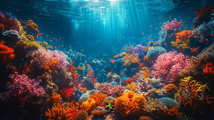 An underwater paradise teeming with vibrant coral reefs and exotic sea creatures, where shafts of sunlight filter down from the surface, casting mesmerizing patterns on the ocean floor. 