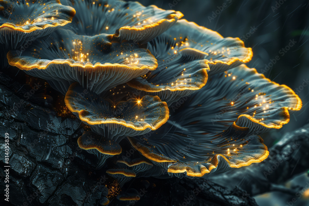 Fototapete Abstract pattern created by the branching filaments of a fungus, depicted with glowing edges against a dark background,