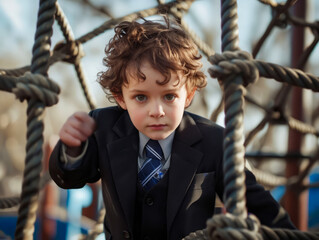 A young boy in a suit and tie is climbing through ropes.