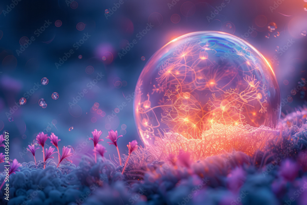 Poster artistic interpretation of a chlamydia bacterium, encapsulated in a bubble-like structure with iride