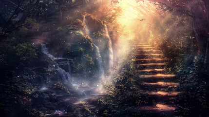 Fototapeta premium A path that leads up to the heavens, where light shines brightly.