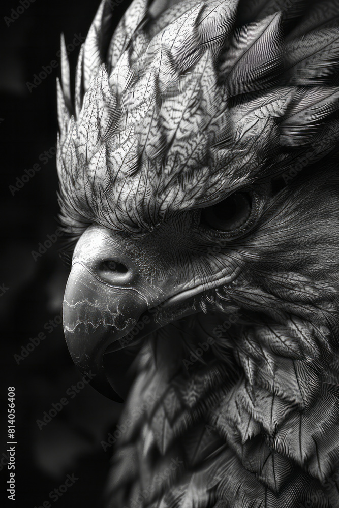 Poster artistic portrayal of a gryphon, its eagle and lion features expressed through sharp, geometric patt