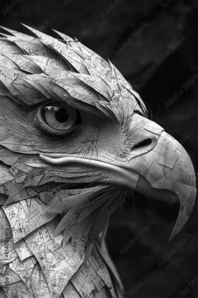 Poster artistic portrayal of a gryphon, its eagle and lion features expressed through sharp, geometric patt