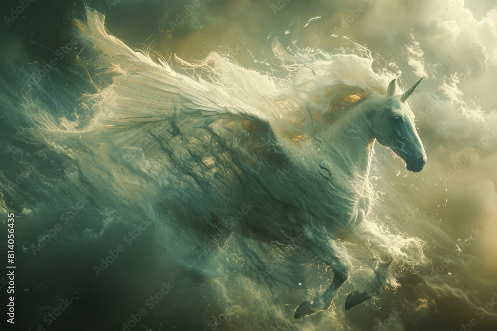 Poster surreal image of a pegasus, its wings rendered as bursts of wind and clouds in an impressionistic st