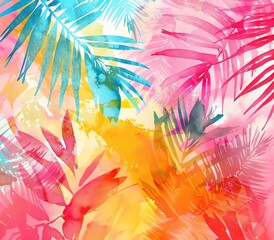 an abstract painting of tropical leaves and flowers