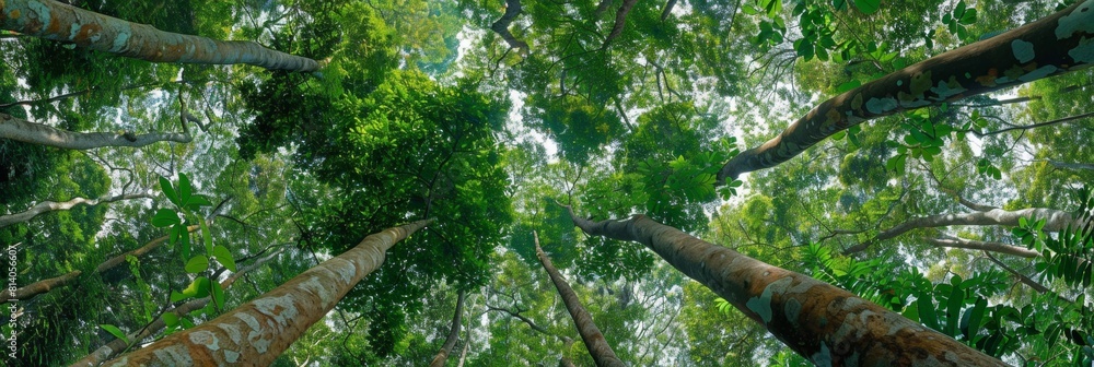 Aufkleber a panoramic view of the canopy from below, showcasing tall trees with lush green leaves that create 