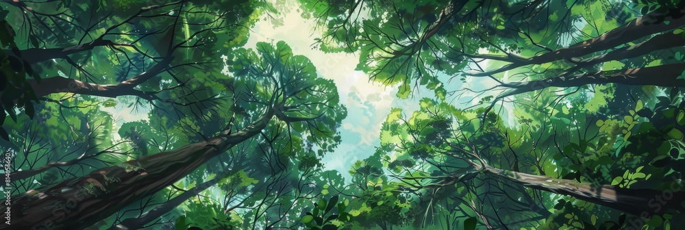 Aufkleber a panoramic view of the dense forest canopy from below, showcasing tall trees with lush green leaves