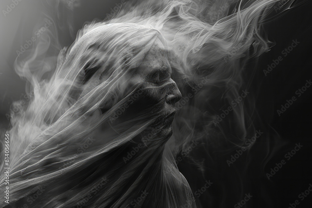 Poster artistic interpretation of a ghost, its form dissolving into mist and shadows in an eerie, flowing s