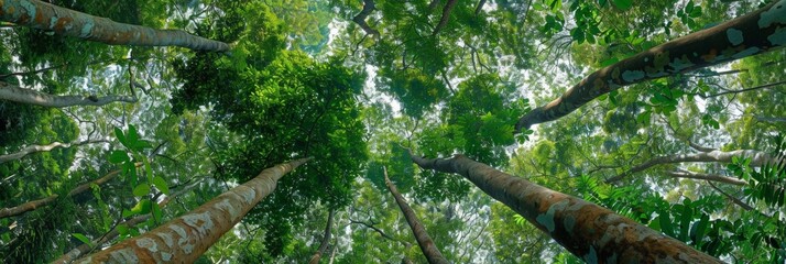 Fototapeta premium A panoramic view of the canopy from below, showcasing tall trees with lush green leaves that create an immersive forest landscape Generative AI