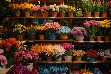 Fototapeta na wymiar Bouquets and flowerpots in a flower shop in sequence shelf