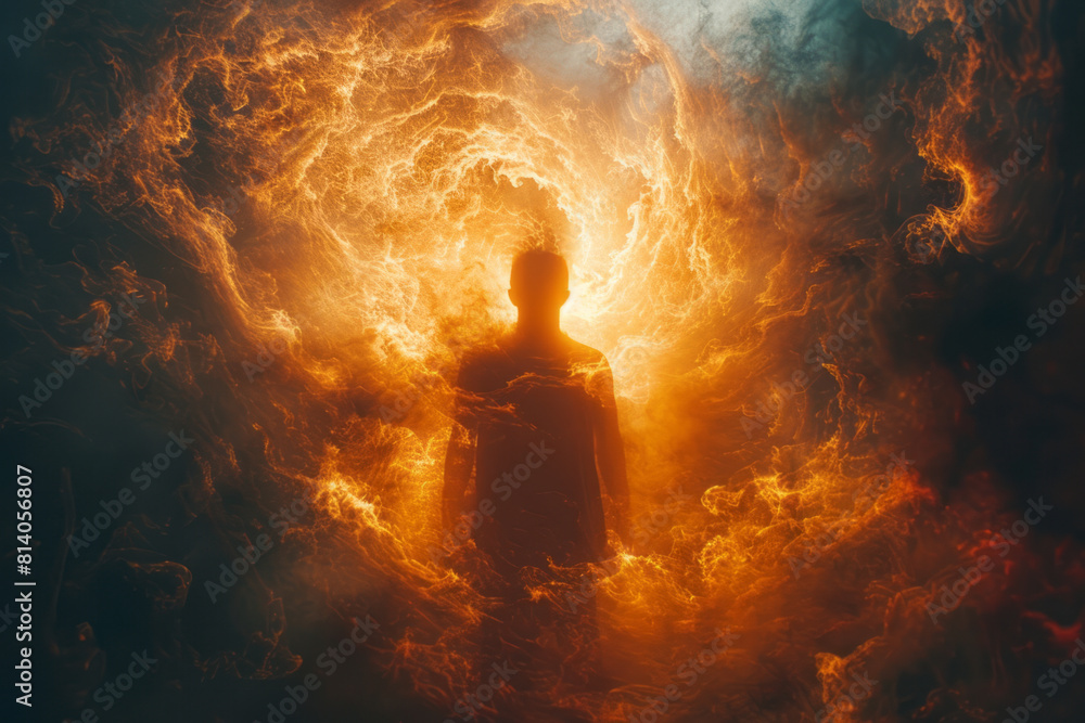 Poster abstract visualization of a human silhouette evolving into a burst of light, symbolizing spiritual a
