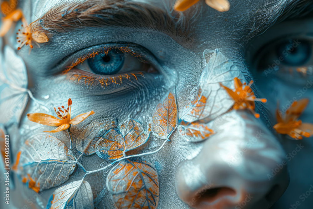 Poster artistic depiction of a person's face with half transforming into an intricate floral pattern, symbo